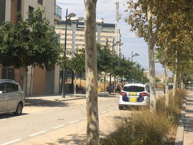 El coche patrulla vigila el edificio y al grupo acampado, ayer.