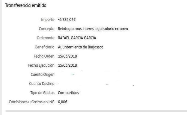 Justificante de la devolución del dinero del alcalde.