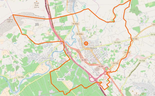 Mapa de la la autopista AP-7, a su paso por el término de Ondara./OpenStreetMap