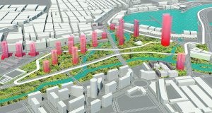 Figuración virtual del nuevo barrio del Grao, donde se observa el delta verde recorrido por canales y por el trazado del circuito urbano. :: LP/