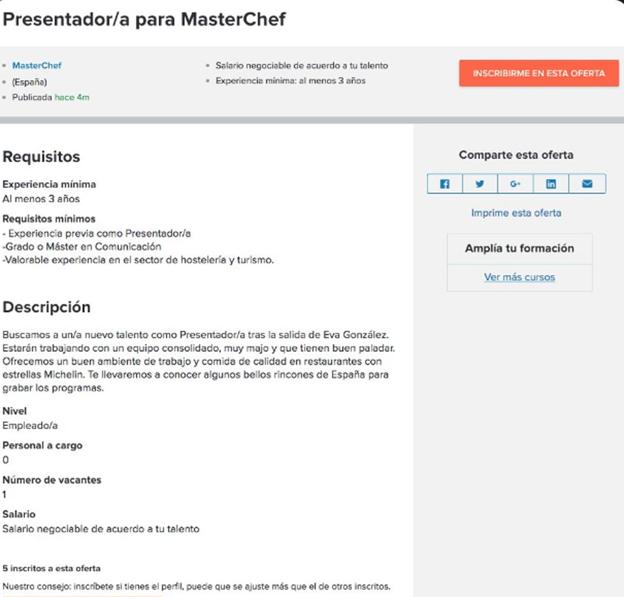 jefe cielo educar La curiosa oferta de trabajo de 'Masterchef' en Infojobs tras la marcha de  Eva González | Las Provincias