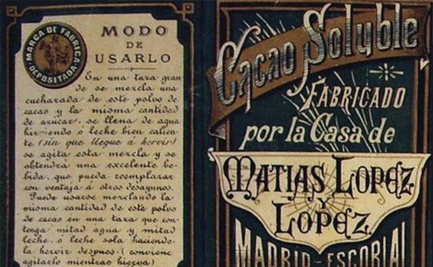 Etiqueta del cacao soluble Matías López. Oficina Española de Patentes y Marcas.