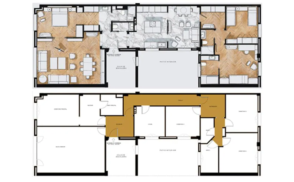 Arriba, un plano de la casa actual. Abajo, un plano de la misma vivienda según la distribución típica de hace unos años./JOSÉ LUIS REVUELTA