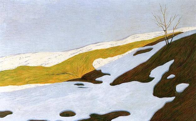 Nieve y sol en un detalle de 'En febrero, 1908', una obra del pintor suizo Hans Emmenegger./