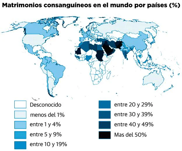 Mapa de matrimonios consanguíneos en el mundo.