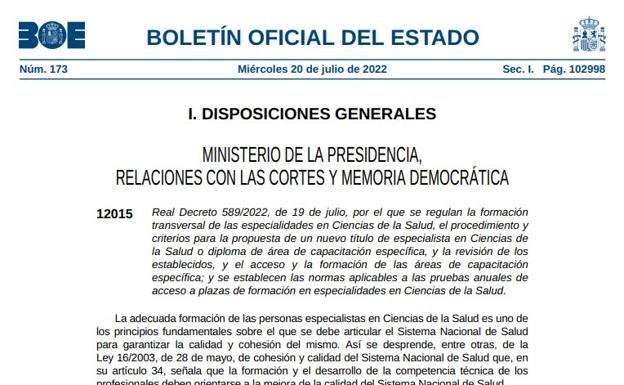 El BOE publica el decreto de creación de nuevas especialidades sanitarias